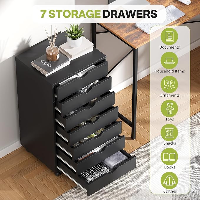 7 Drawer Mobile File Cabinet Under Desk Storage Organization with Wheels Vertical Filing Chest Rolling Wood Small Desk Printer Stand for Home, Black - Image 6