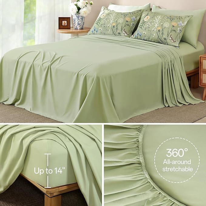 Yiran Sage Green Floral Comforter Set Queen Size, 7 Piece Botanical Comforter Bedding Set, Farmhouse Bed in a Bag, Soft Microfiber Complete Bedding Set with Sheets for All Season