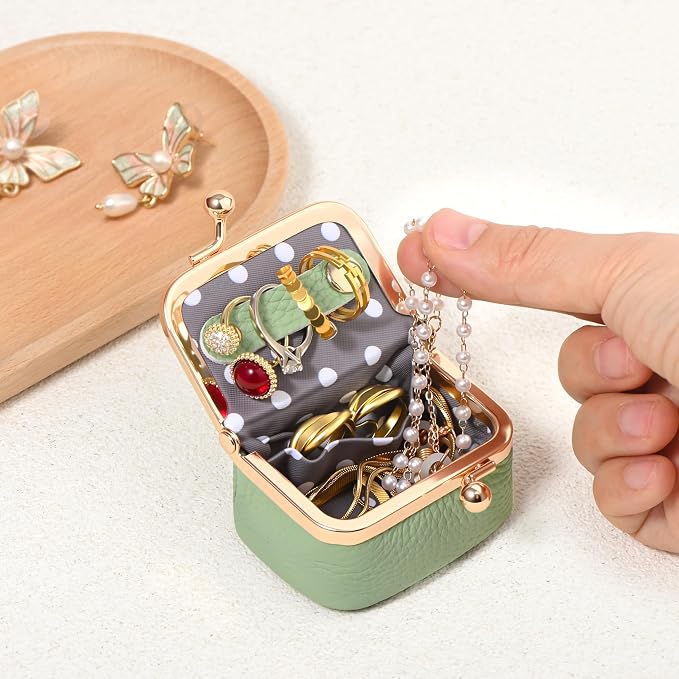 Zivyes Mini Jewelry Box Travel Small Coin Purse Organizer Case Genuine Leather Tiny Size (Green) - Image 4