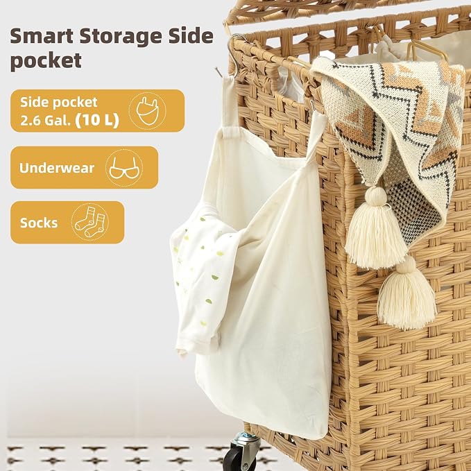 Laundry Hamper with Lid, 160L Rattan Wicker Laundry Basket with Wheels, Handwoven Laundry Hamper 2-Section with Storage shelf(42.3 Gal), Laundry Sorter Basket with Removable Liner, Natural HLH032N - Image 6