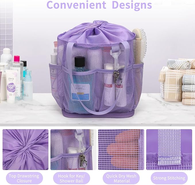 Mesh Shower Caddy Portable for College Dorm Room Essentials, Shower Tote Bag with Hanging Hook and Drawstring, Quick Dry Toiletry Bag with 6 Pockets for Bathroom, Swimming, Gym, Camping, Beach, Travel - Image 7
