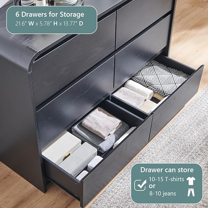 Aitjunz Modern 6 Drawers Dresser for Bedroom, 47" Wide Wood Dressers & Chests of Drawers w/Curved Profile Design, Mid Century Modern Dresser w/Natural Texture for Bedroom, Living Room, Black