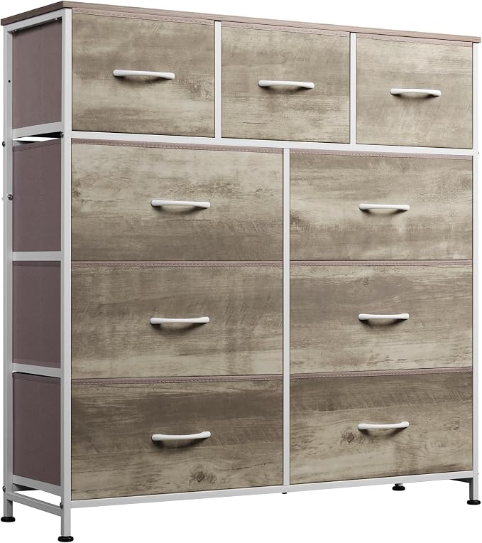 WLIVE 9-Drawer Dresser, Fabric Storage Tower for Bedroom, Hallway, Nursery, Closet, Tall Chest Organizer Unit with Fabric Bins, Steel Frame, Wood Top, Easy Pull Handle, Greige by WLIVE