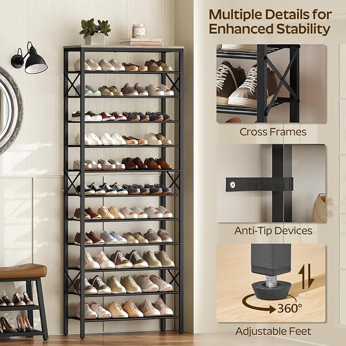 YATINEY 12 Tier Shoe Rack, Large Capacity Shoe Storage Organizer Holds 48 Pairs, Sturdy and Stable, for Entryway, Hallway, Closet, Dorm Room, Greige and Black SS12BG - Image 8
