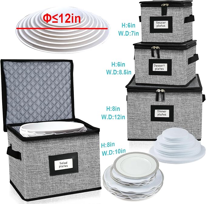 5 PACK China Storage Containers-Quilted Mug Storage and Moving Boxes for Dishes,Dish Packing Supplies for Moving,Dinnerware &Accessories,Holds a total of 48 plates (4 sizes) and 12 cups(Grey) - Image 3