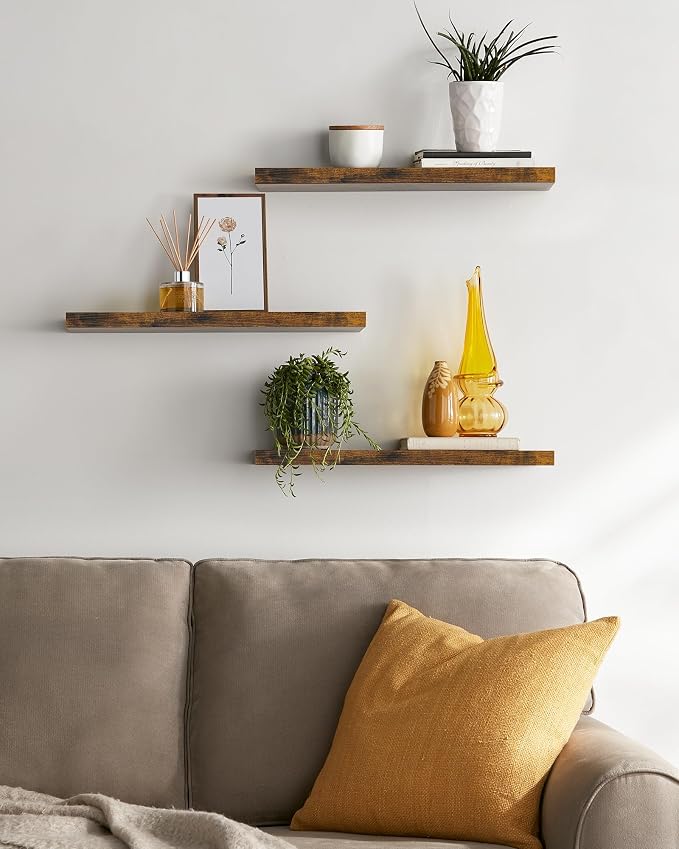 BAYKA Floating Shelves for Wall, Set of 3, 22.5 Inch Rustic Wood Wall Mounted Shelving for Bathroom, Bedroom, Living Room or Kitchen, Hanging Display Decor Book Shelf with 22 lbs, Rustic Brown - Image 2
