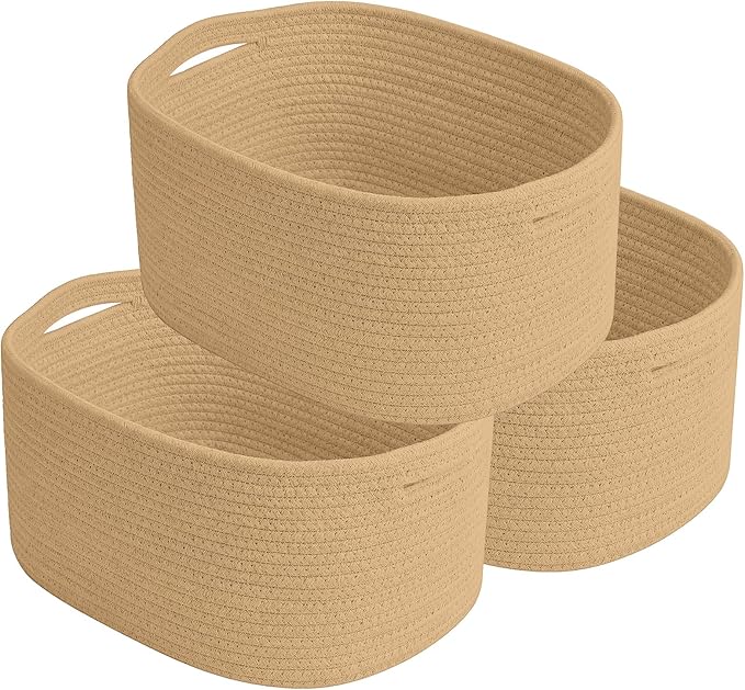 ECDYQXVU Cotton Rope Storage Basket, 15x10x9 Inches, Woven Basket for Shelves, Clothes, Towels, Books, and Laundry, Jute Brown (3 Pack) by ECDYQXVU