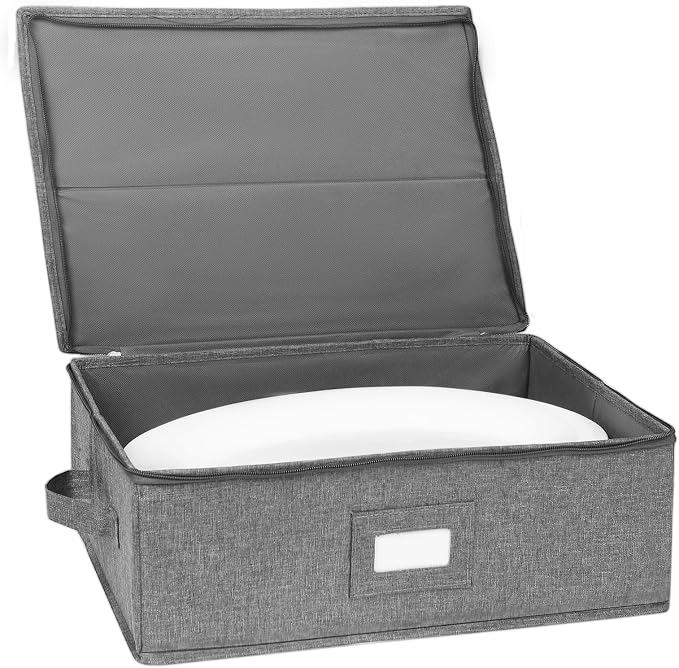 popoly Platter Storage Case, China Storage Containers Hard Shell 17" x 13" x 6", 5 Felt Dividers Included, Structured Top and Stackable (Linen Grey) by popoly