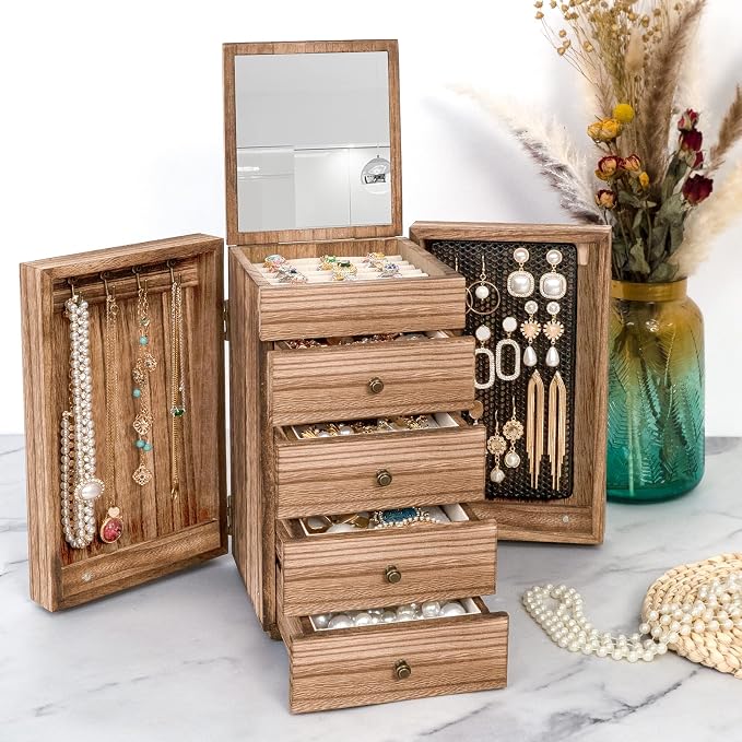 Meangood Jewelry Box Wood for Women, 5-Layer Large Organizer Box with Mirror & 4 Drawers for Rings, Earrings, Necklaces, Vintage Style, Torched Wood - Image 7