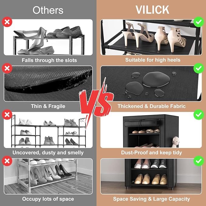 VILICK Shoe Rack with Cover Narrow Shoe Organizer with 4 Side Pockets 10 Tier Tall Shoe Storage Holds 18-22 Pairs Shoes and Boots Shoe Rack for Closet Entryway Garage - Image 5