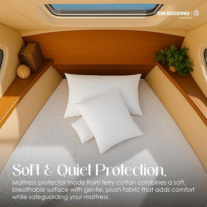 SGI Bedding Waterproof V Berth Mattress Protector 88" Head x 82” Length x 20"Foot – 15" Deep Pocket, 360° Fitted Style Mattress Pad Cover, Soft Noiseless & Breathable Cover for Boat – White