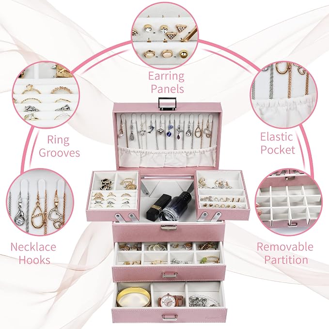 Dajasan Jewelry Boxes for Women Girls, Jewelry Storage Organizer, 4 Layers Large Jewelry Organizer Box with 2 Drawers for Friends, Wife or Mother Gift (Pink) - Image 4