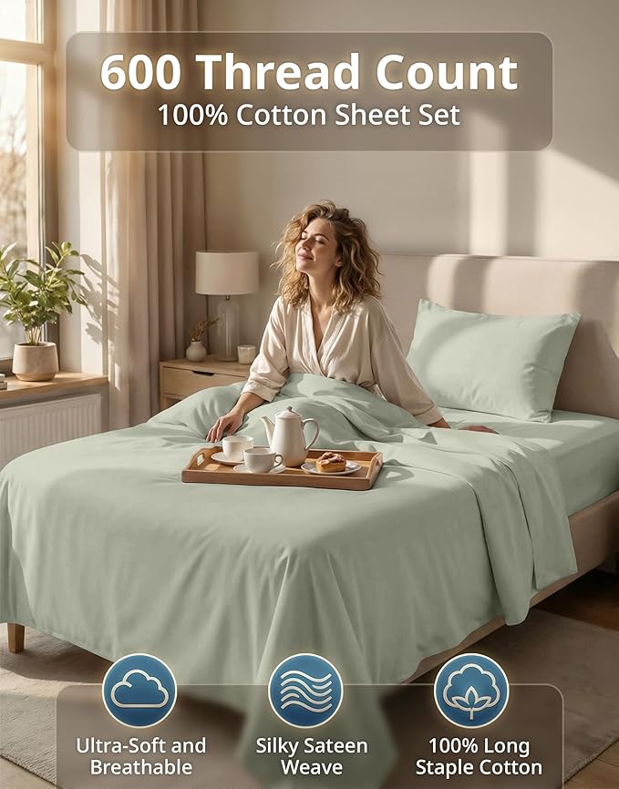 LANE LINEN Twin Sheets Set - 600 Thread Count Sateen Weave for Silky Feel On Skin - Extra Soft, 100% Cotton Sheets Set for Comfort - 15'' Deep Pocket for Snug Fit to Your Mattress - Mineral