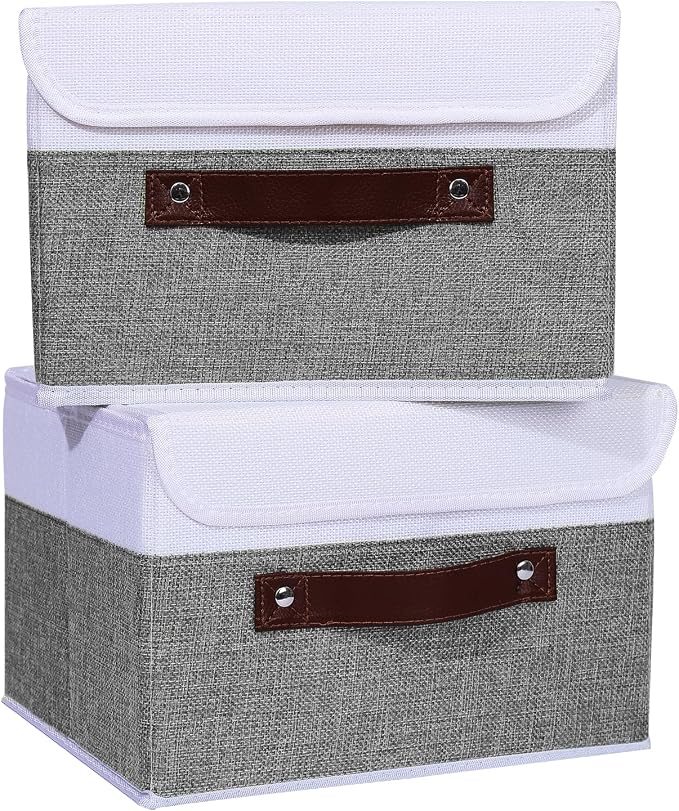 ANMINY 4PCS Storage Boxes with Lid Washable Decorative Storage Bins Basket with PU Leather Handle Foldable Linen Fabric Storage Cubes Containers for Home Closet Organizer - Gray White, Small Size - Image 2