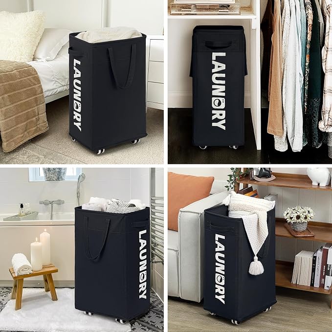 Goodpick Laundry Basket with Wheels, 2-Pack 75L Rolling Laundry Hamper with Removable Wash Bags, Collapsible Laundry Basket for Corner Dorm, Black - Image 8