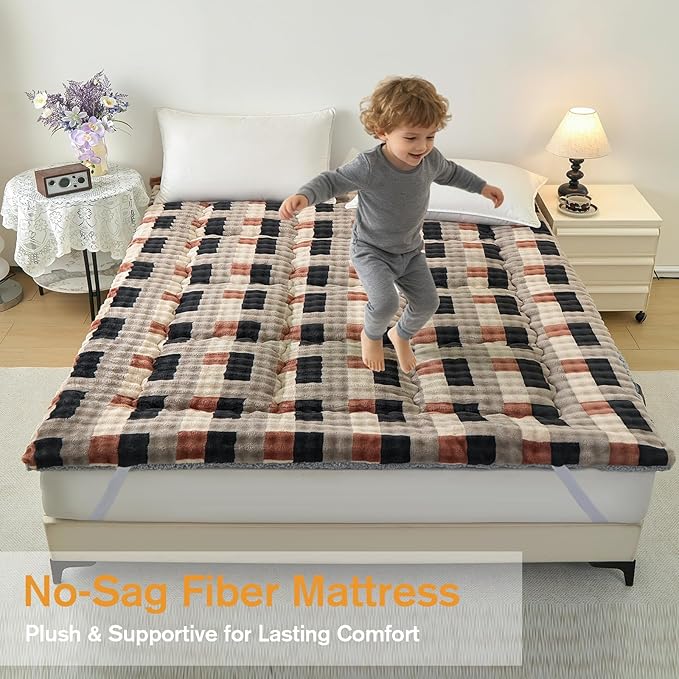 Full Mattress Pad 54 x 75 inches, Warm Thicken Velvet Mattress Protector Breathable and Comfortable with 4 Elastic Band, Deep Pocket Stretchable up to 15 inches Washable, Gray-Brown Grid