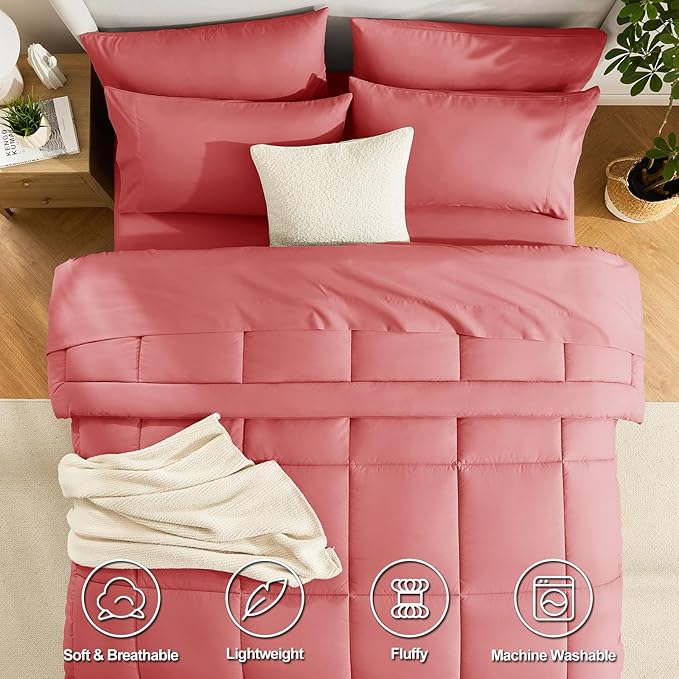 CozyLux Full Size Comforter Sets Coral, 7 Pieces Bed in a Bag, Coral Comforter Full Size, All Season Bedding Sets with Stitch Quilted Comforter, Flat Sheet, Fitted Sheet, Pillowcases