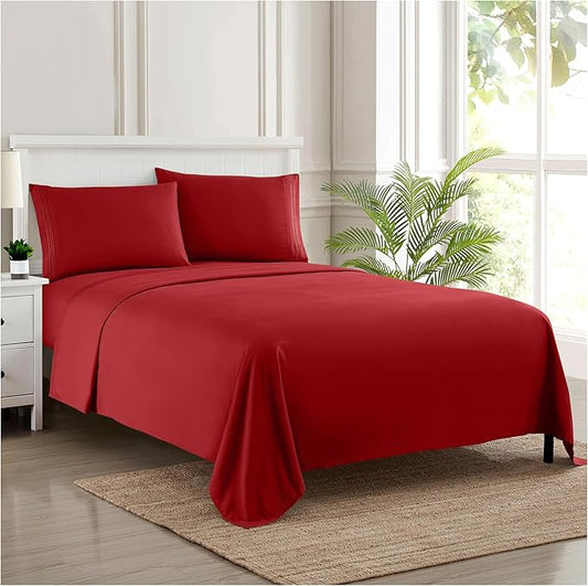 Split King Sheets - Breathable Luxury Sheets with Full Elastic & Secure Corner Straps Built In - 1800 Supreme Collection Extra Soft Deep Pocket Bedding Set, Sheet Set, Split King Size, Red
