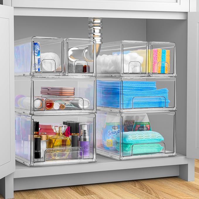 Sorbus 1 Medium & 2 Small Clear Stackable Storage Drawers – Plastic Organizer Bins with Handles – Stackable Pull-Out Storage Drawers for Closet, Pantry, Office, Bathroom, Craft, and Toy Organization - Image 2