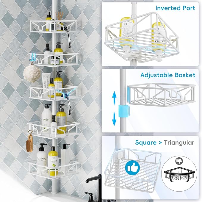 Skycarper 5 Tier Adjustable Corner Shower Caddy Organizer with Hooks,Rustproof Tension Pole 62-116 Inch,White - Image 4