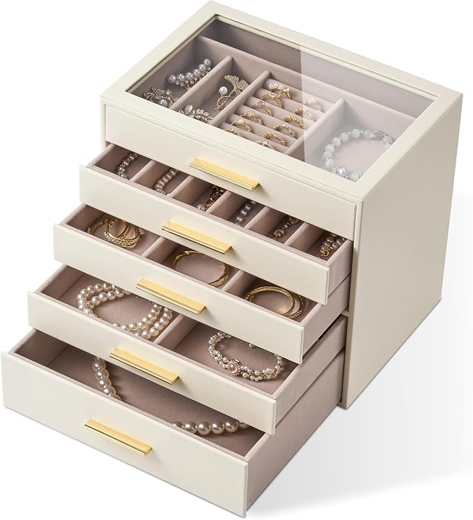 pickpiff Jewelry Box Organizer Case for Women: 5-Layer Jewelry Storage Case with Glass Window, Ivory Leather with Pink Velvet, Holder for Ring Necklace Bracelet Brooch Watch, Great Gift for Her - Image 9