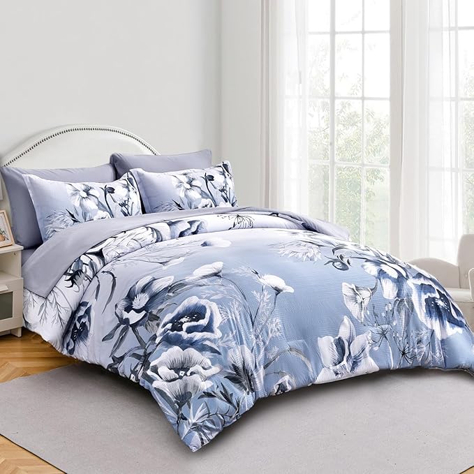 Luxudecor Floral Comforter Set King Size 7 Piece, Blue Flower Bed in a Bag, Elegant Gradient Floral Comforter with Sheet Set, Soft Seersucker Microfiber Bedding Set for All Season (Blue, 104"x90")
