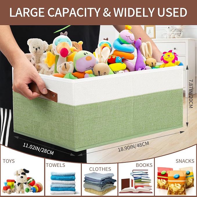 3 Pack Large Capacity Storage Bins Closet Organizer for Shelves, Fabric Closet Storage Baskets Boxes with Leather Handles for Organizing Clothes, Sheets, Jeans, Toys, Books (Green) - Image 3