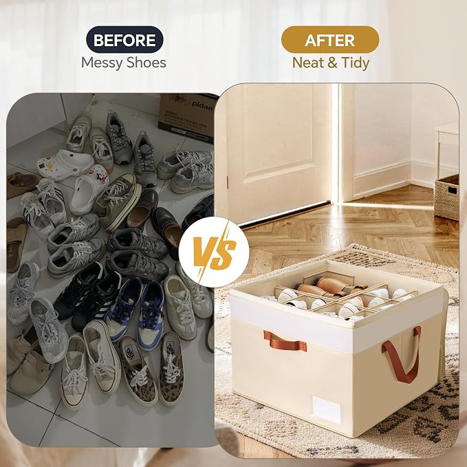 Criusia Shoe Organizer for Closet, 2 Pack Foldable Shoe Storage Organizer Box Bin with Adjustable Dividers and Clear Cover, Closet Shoe Storage for Sneakers Sandals Boots, Fit 16-32 Pairs, Beige - Image 2