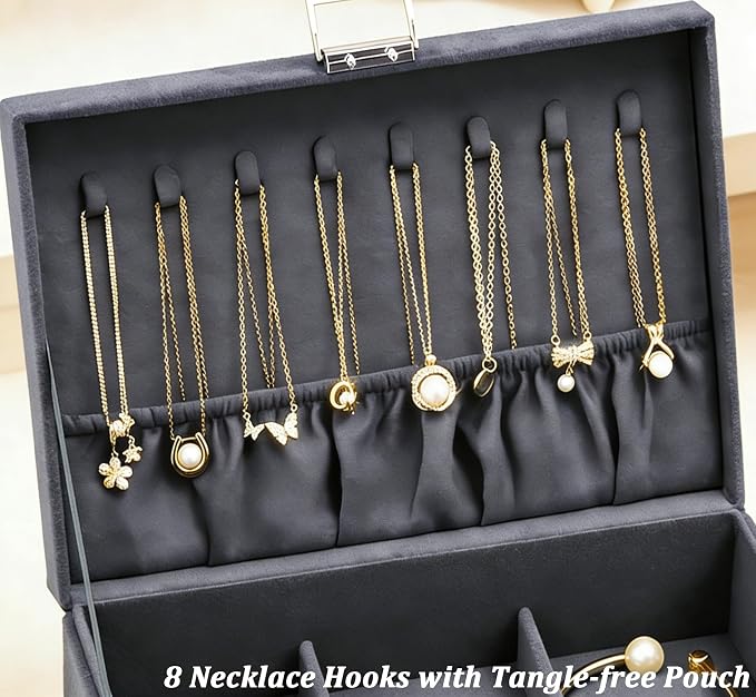 QBestry 3-Layer Jewelry Box for Women with Lock and Key & Drawer, Large Jewelry Organizer with 8 Necklace Hooks & 56 Earring Holes, Grey Velvet Jewelry Storage Box for Necklaces Earrings Ring Bracelet - Image 5