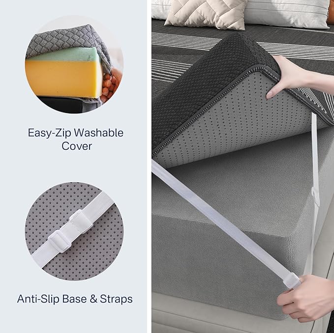 4 Inch Gel Memory Foam Mattress Topper Full, High Density Ventilated Bed Topper for Back Pain Relief, Breathable Cover with Non-Slip Straps, CertiPUR-US