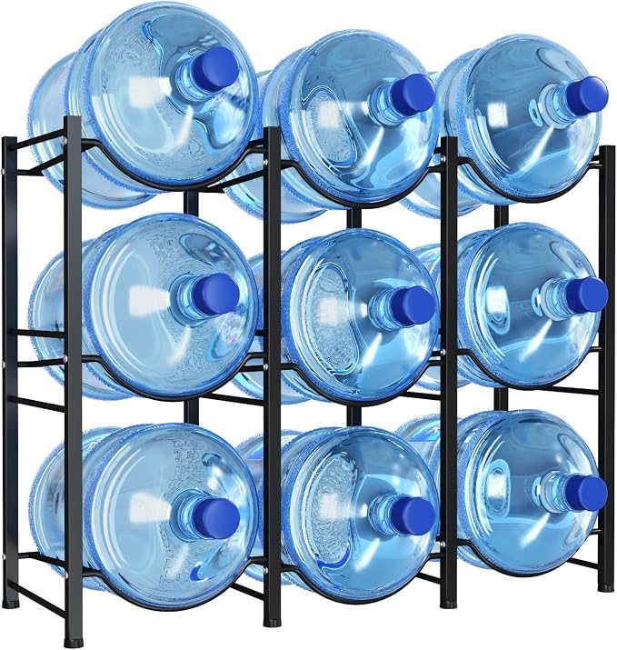 Lifewit 5 Gallon Water Jug Holder, 3 Tier Water Bottle Stand, 9 Slots Heavy Duty Water Dispenser Rack for Gallon Jugs, 375 lb/170 kg Capacity Detachable Water Jug Shelf Organizer for Home/Office Black by Lifewit