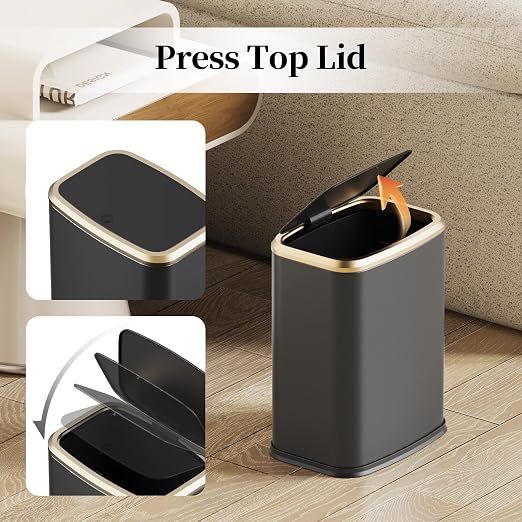 2.1 Gallon Bathroom Trash Can with Lid Press Top, 8 Liter Stainless Steel Garbage Can with Press Type Lid, Slim Trash Bin Waste Basket for Toilet, Office, Bedroom, Living Room (Black) - Image 3