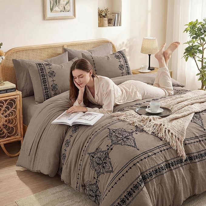 MaiRêve Full Size Comforter Set Taupe Grey, Embroidery Floral Western Boho Bedding Set, All Season 7 Pieces Bed in a Bag with Sheets, Pillowcases & Shams