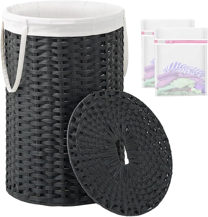 SETVSON Large Laundry Hamper Laundry Basket Round 34.3 Gal (130 L) Handwoven Wicker Laundry Baskets Rattan Laundry Basket with Laundry Bag Handles 2 Mesh Bags for Living Room Bedroom Black by SETVSON