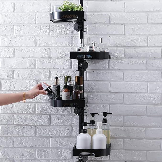 shuang qing 4-Tier Corner Shower Caddy Tension Pole Organizer - Adjustable Rustproof Metal Tension Pole, Plastic Shelves with Safety Guardrail, Bathroom Storage for Shower & Bathtub(Black) by SHUANGQING