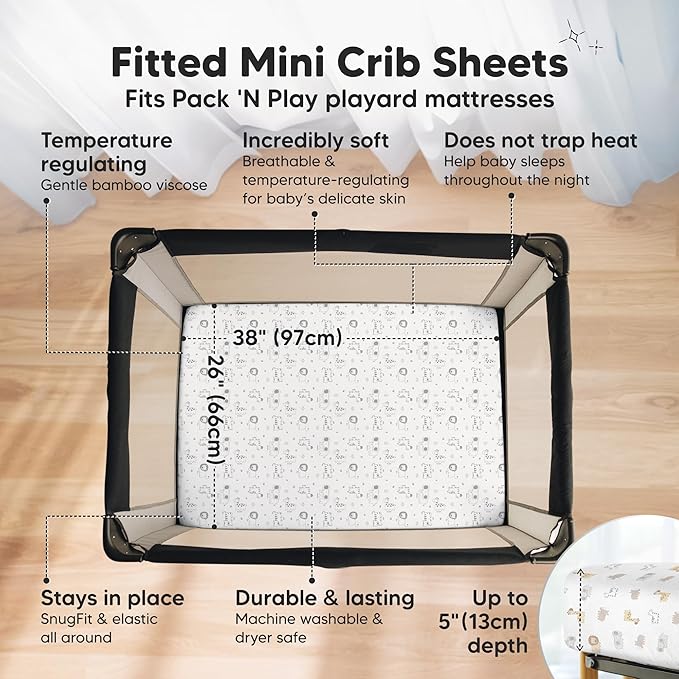Pack and Play Sheets Fitted - 2-Pack Mini Crib Sheets for Pack N Play Mattress 38x26, Soft & Cozy, Neutral Toddler Playard Bedding, Snug Fitted Mini Baby Crib Mattress Cover Boy, Girl (KeaSafari)