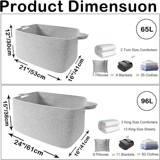 96L Large Blanket Basket,24"x16"x15"Rectangle Storage Bin with Handles,Woven Rope Laundry Basket for Toys, Clothes,Magazines,Home Organization,Nursery,Living Room & Bedroom,Grey - Image 2