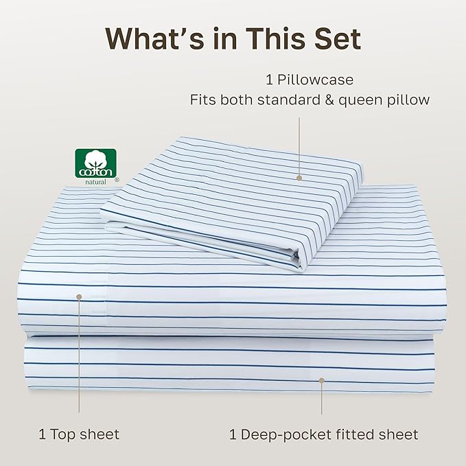 California Design Den Printed Striped Twin XL Sheets Set - 600 Thread Count, 100% Cotton Sateen, Premium Deep Pocket Extra Long Twin Sheets - Classic Blue Stripe Print