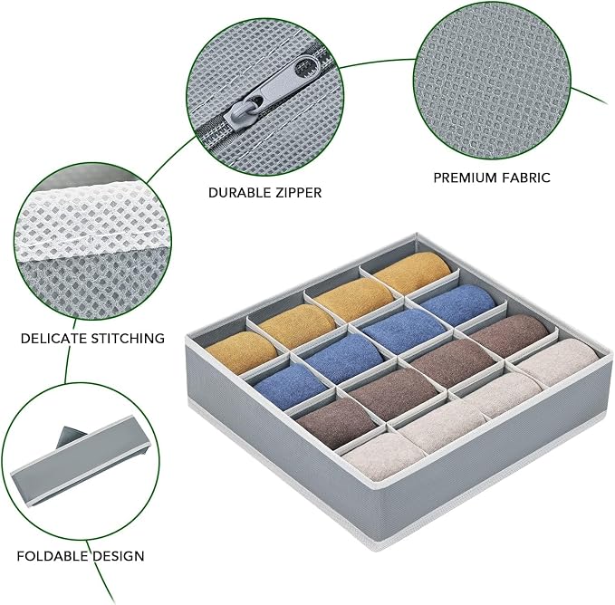 Joyoldelf Sock Drawer Organizer Divider Underwear Organizer 16-cell Fabric Dresser Drawer Organizers Storage Boxes for Socks Lingerie, Handkerchiefs, Ties 4 Pack (Grey) - Image 7