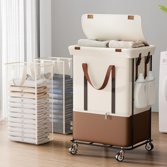 Double Laundry Hamper with Lid, Rolling Laundry Basket with Wheels and 2 Removable 75L Bags, 2 Section Large Capacity for Laundry Bedroom Bathroom Dorm, Easy Move & Organize,150L White by Unknown