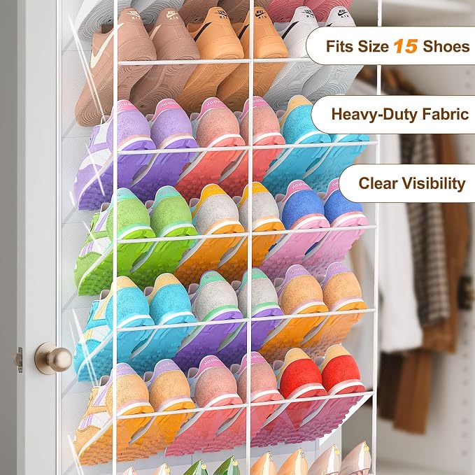 20-30 Pairs Over the Door Shoe Organizer, Transparent PVC Hanging Shoe Rack for Closet, 10-Tier Door Shoes Storage, Crystal-Clear Visibility Fit All the Family's Sneakers, Boots, Heels, White Frame - Image 5