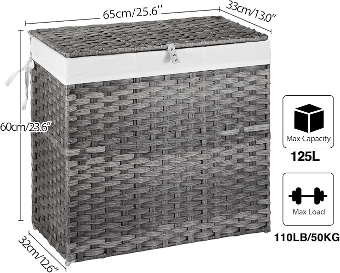 Greenstell Laundry Hamper with Lid, 125L Large Clothes Hamper with 3 Section & 2 Section Removable Liner Bags & 5 Mesh Laundry Bags, Handwoven Synthetic Rattan Divided Laundry Basket, Gray - Image 6
