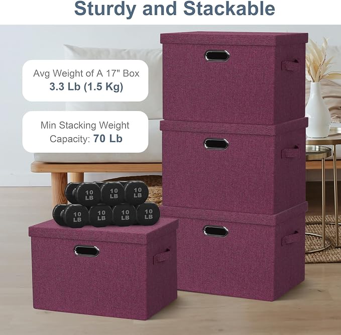 Graciadeco Large 17" 36 Quart Collapsible Stackable Storage Bins with Lids, 3 Packs Purple Linen Fabric Closet Boxes with Lids, Storage Cube Baskets Container Organizers for Bedroom Office (17x12x11) - Image 3