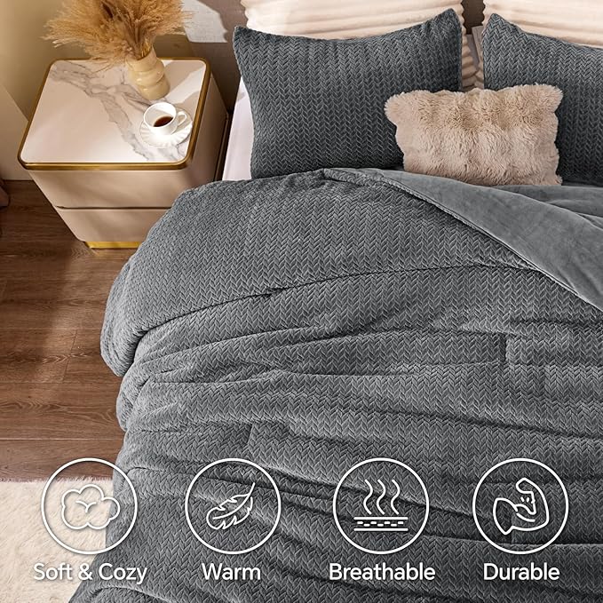 Flannel Fleece Twin Comforter Set - Furry Grey Leaves Pattern Faux Fur Bed Set, Winter Ultra Soft Fuzzy Comfort Set, Velvet Bedding Set for Bed with 1 Pillow case