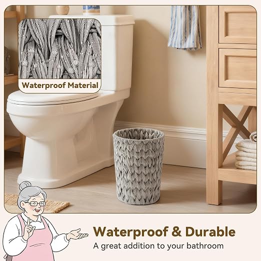 GRANNY SAYS Small Wicker Trash Can, 2 Gallon Bathroom Waste Basket, Small Bathroom Garbage Can, Plastic Trash Basket for Decor, Round Wastebaskets for Office, Bedroom, Cabinet, Grey - Image 2