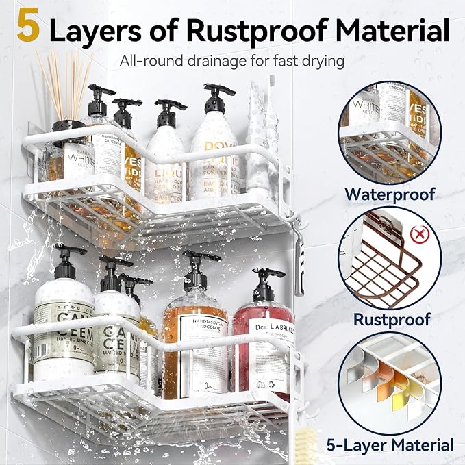 YASONIC Shower Caddy Corner, 3-Pack Adhesive Rustproof Stainless Steel Shower Shelves with Soap Holder, No Drilling Shower Organizer Corner for Dorm, Renters Bathroom, White - Image 2
