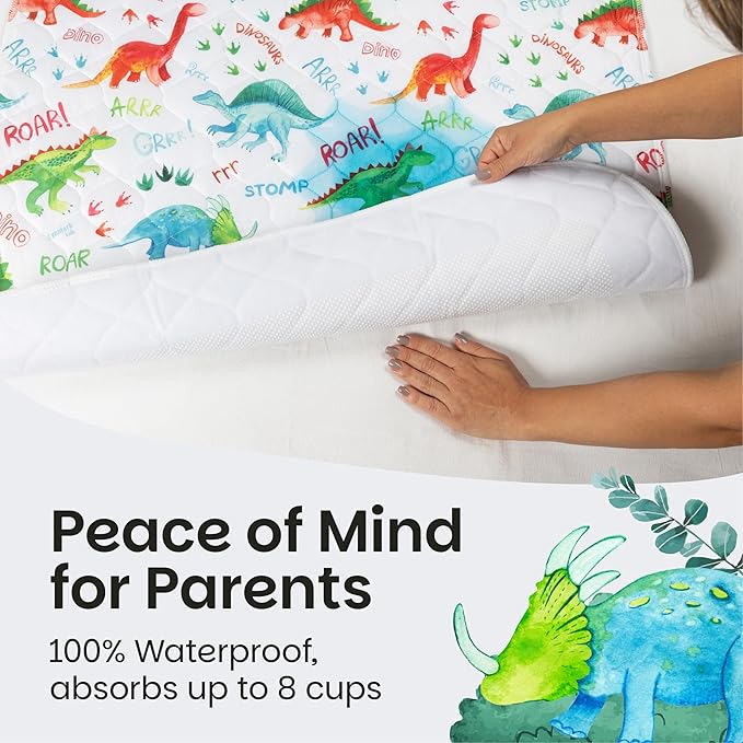Lynmark® 2x Potty Training Mattress Protector Pee Pad for Kids - Waterproof Toddler Bed Wetting Mat for Toilet Training - Non-Slip Washable Bedwetting Topper Absorbs Up to 2000ml - 35" x 33", Dinosaur