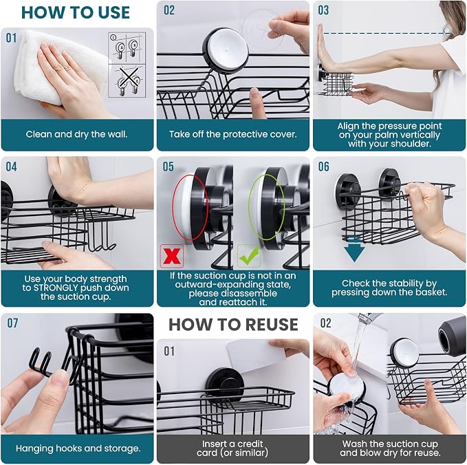 TAILI Shower Caddy Suction Cup, 3 Pack Shelves for Inside with Hooks & Soap holder Toothbrush Cups, Removable Bathroom Organizer, Rustproof Black Holder Storage-Black - Image 8