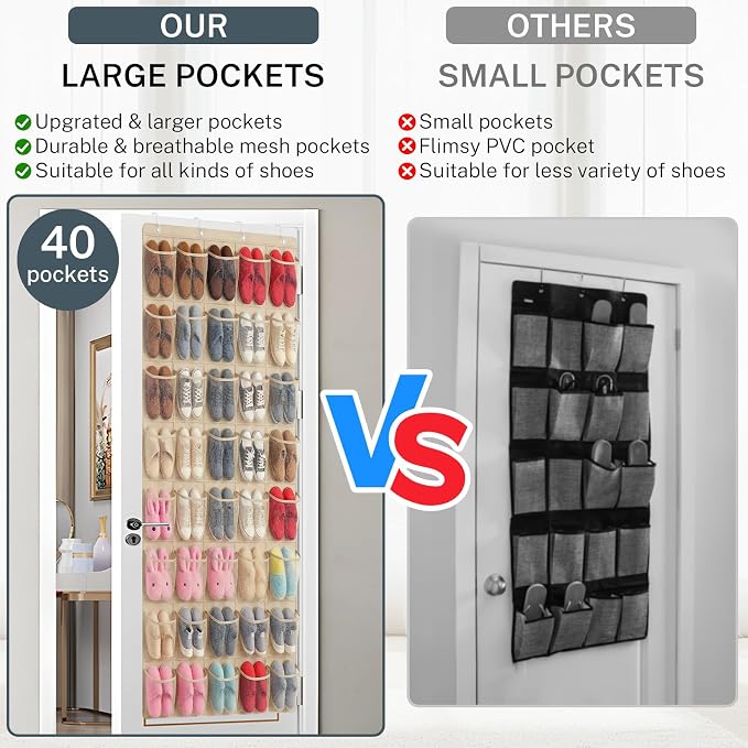 40-Pocket Over the Door Shoe Organizer - Large Mesh Pocket Hanging Shoe Organizer,Behind the Door Shoes Storage Holder Hanger - Image 6