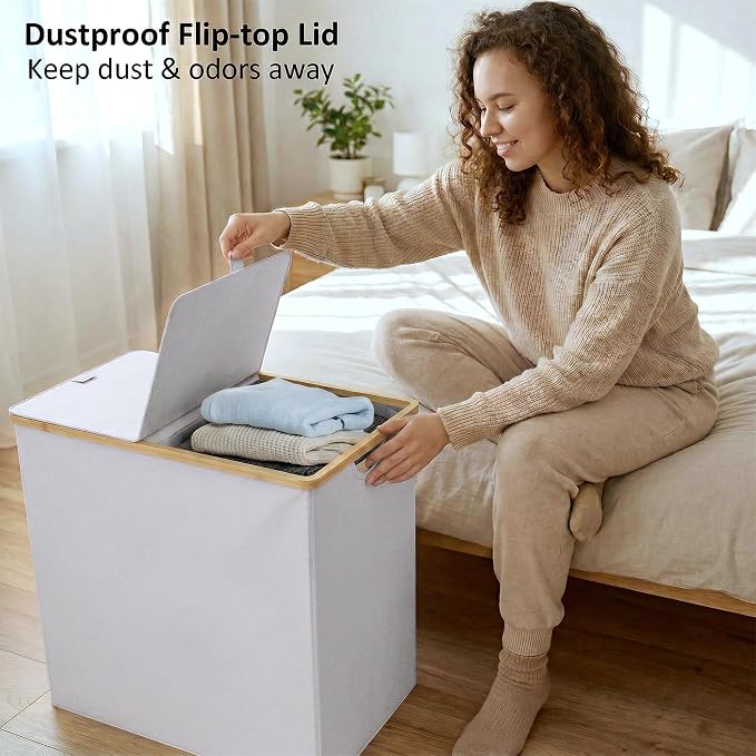efluky Laundry Hamper with Lid, Double Laundry Hamper with 2 Removable Bags, 2 Section Laundry Basket with Bamboo Handles for Bathroom, Bedroom & Laundry Room, 140L (36.9 Gallon) Light Grey - Image 7